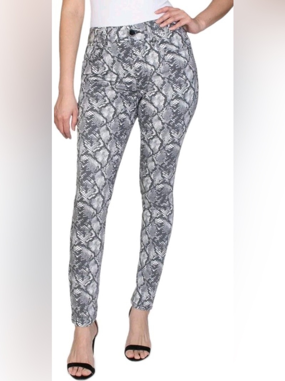 Seven7 Snake Print Jeans Tummyless High-Rise Pants Neutral Gray White Skinny